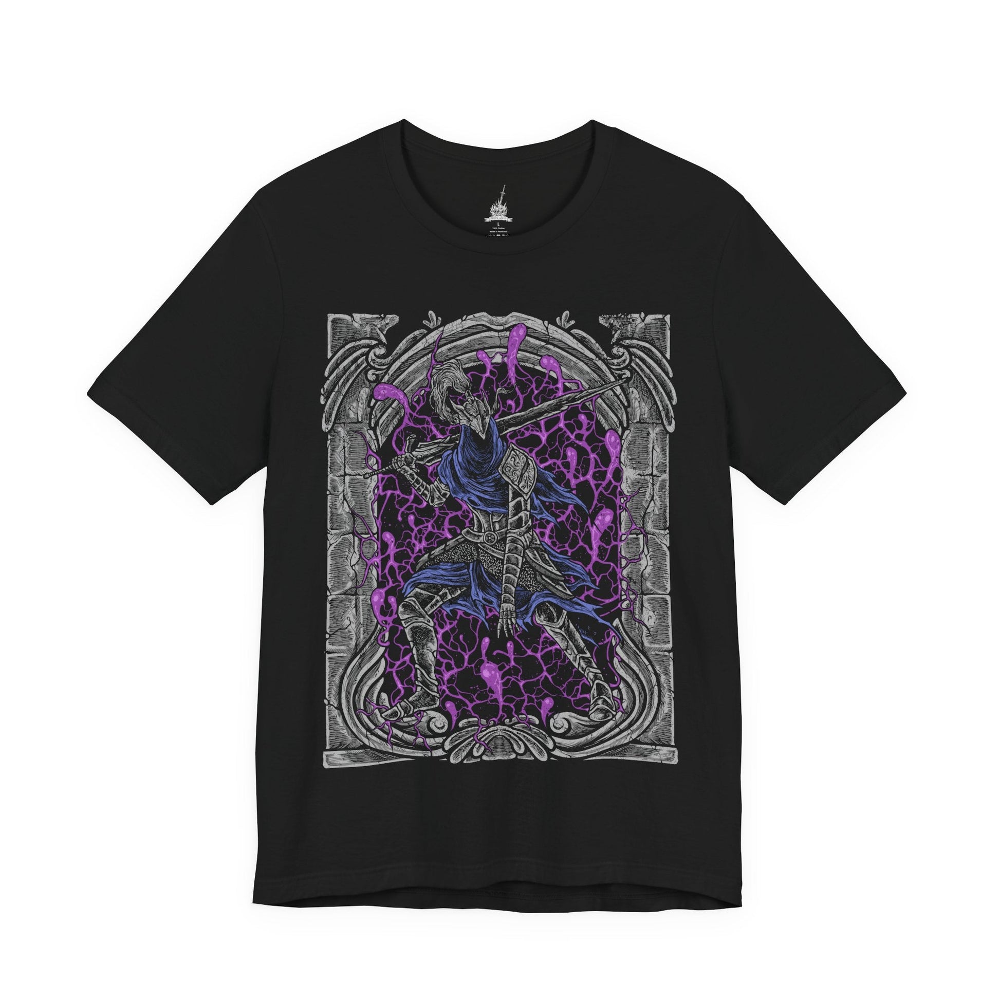 Image 4 of a T-shirt design of Artorias of the Abyss, the fallen knight of Gwyn, standing amid swirling darkness as the Abyss consumes his once-glorious armor. His massive greatsword drags across the ground, one arm shattered while black corruption coils around him, reflecting his tragic sacrifice to halt the spread of the Abyss and protect Oolacile.