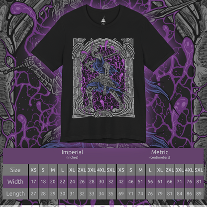 Size chart of a T-shirt design of Artorias of the Abyss, the fallen knight of Gwyn, standing amid swirling darkness as the Abyss consumes his once-glorious armor. His massive greatsword drags across the ground, one arm shattered while black corruption coils around him, reflecting his tragic sacrifice to halt the spread of the Abyss and protect Oolacile.