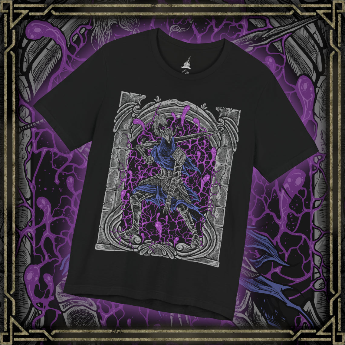 Thumbnail of a T-shirt design of Artorias of the Abyss, the fallen knight of Gwyn, standing amid swirling darkness as the Abyss consumes his once-glorious armor. His massive greatsword drags across the ground, one arm shattered while black corruption coils around him, reflecting his tragic sacrifice to halt the spread of the Abyss and protect Oolacile.