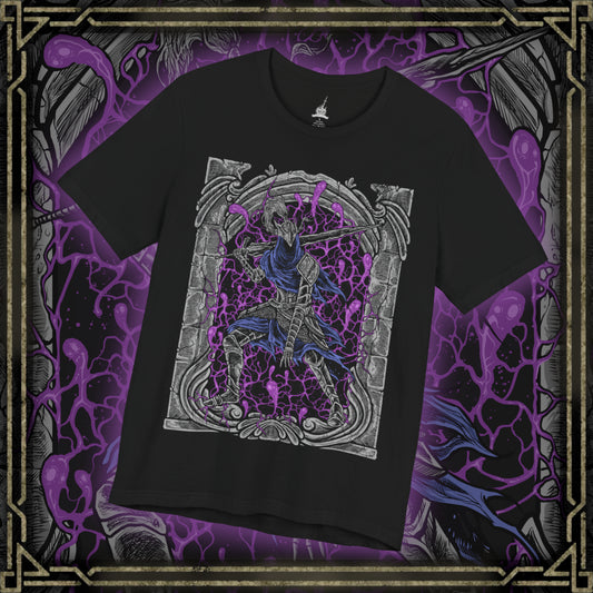 Thumbnail of a T-shirt design of Artorias of the Abyss, the fallen knight of Gwyn, standing amid swirling darkness as the Abyss consumes his once-glorious armor. His massive greatsword drags across the ground, one arm shattered while black corruption coils around him, reflecting his tragic sacrifice to halt the spread of the Abyss and protect Oolacile.