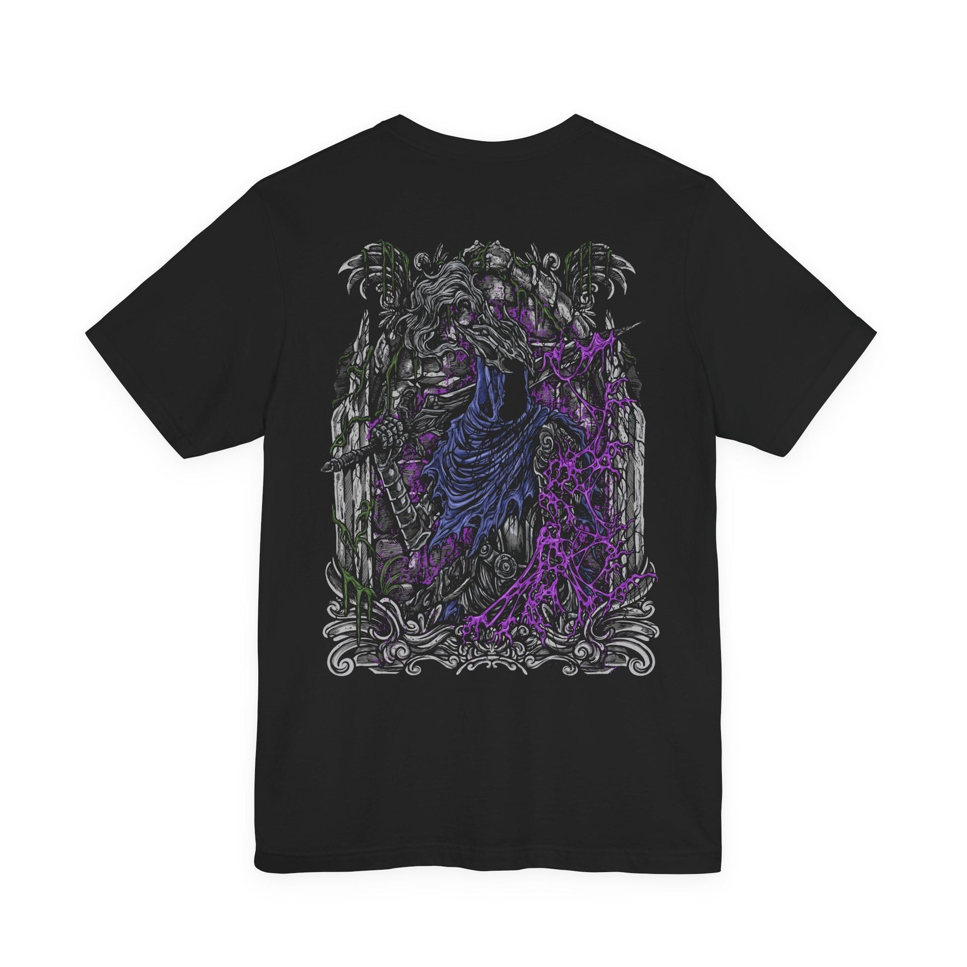 Image 5 of a T-shirt featuring Artorias the Abysswalker from Dark Souls, the legendary knight who dared to face the Abyss alone. Corrupted by darkness but unbroken in will, Artorias fights with a shattered arm and a soul torn by sacrifice. This design captures his tragic valor and iconic silhouette, sword poised amidst the shadows.