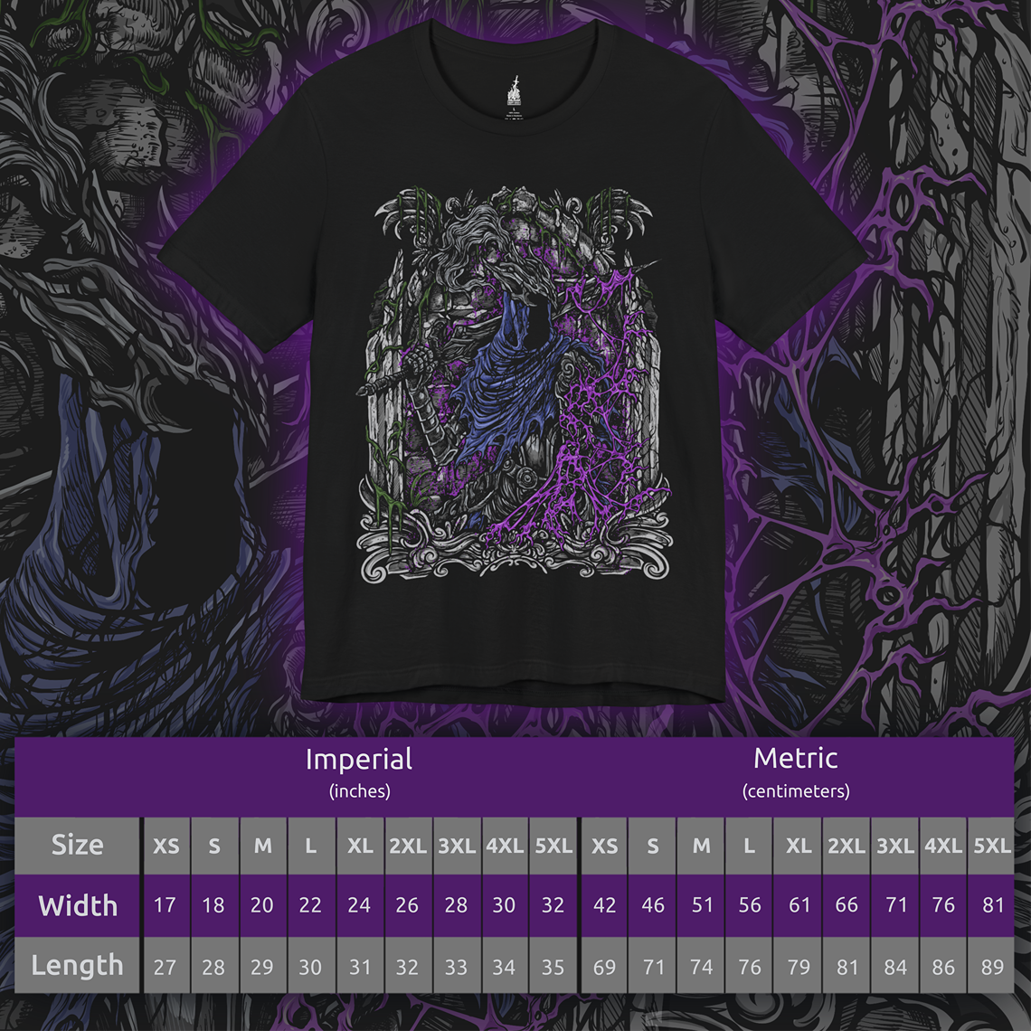 Size chart of a T-shirt featuring Artorias the Abysswalker from Dark Souls, the legendary knight who dared to face the Abyss alone. Corrupted by darkness but unbroken in will, Artorias fights with a shattered arm and a soul torn by sacrifice. This design captures his tragic valor and iconic silhouette, sword poised amidst the shadows.