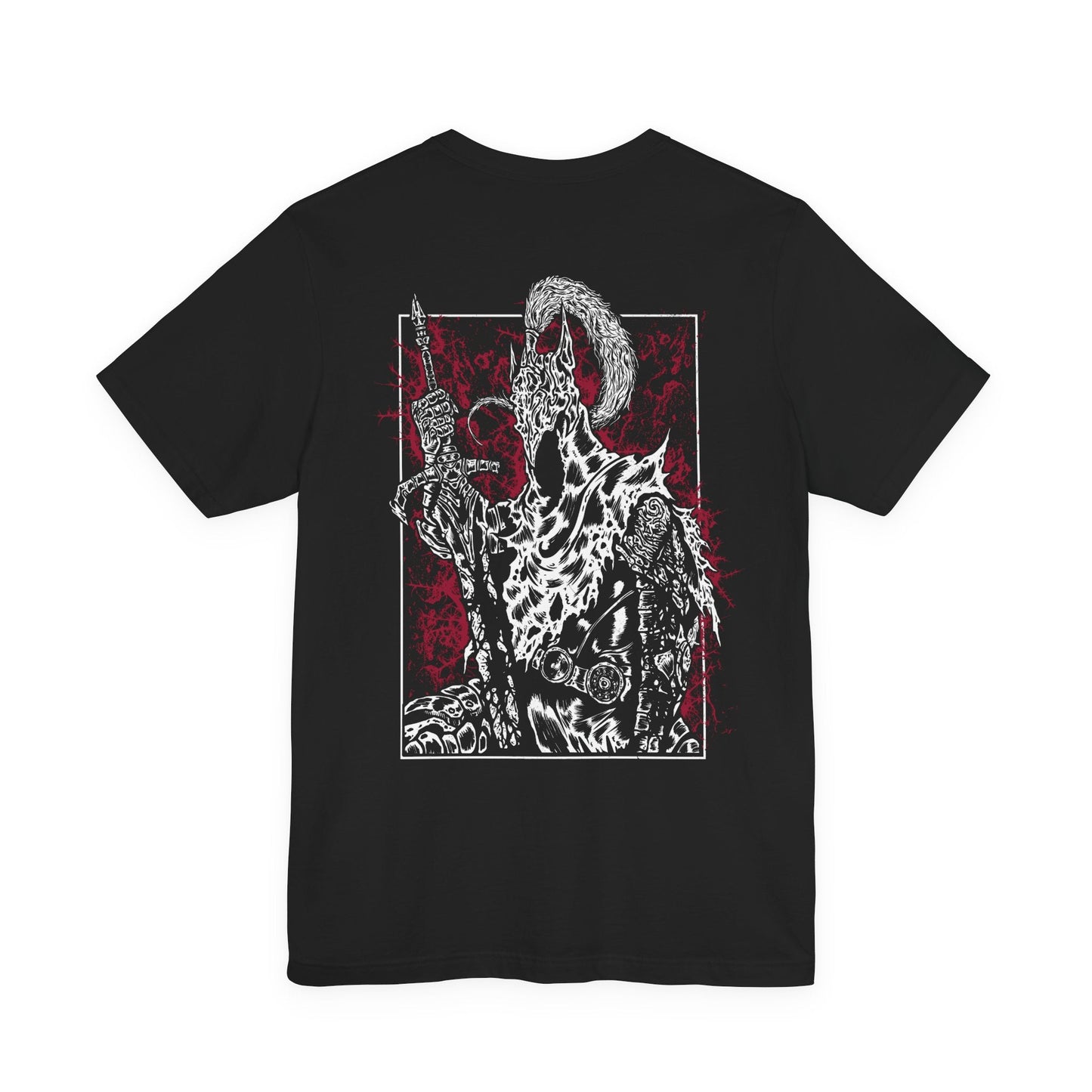 Image 4 of a T-shirt featuring Artorias the Abysswalker from Dark Souls, the fallen knight who once stood as one of Gwyn’s Four Knights. Corrupted by the Abyss he swore to fight, Artorias wields his greatsword with broken grace, his body twisted but his resolve unbroken. This design captures his tragic heroism and the haunting legacy of his sacrifice.