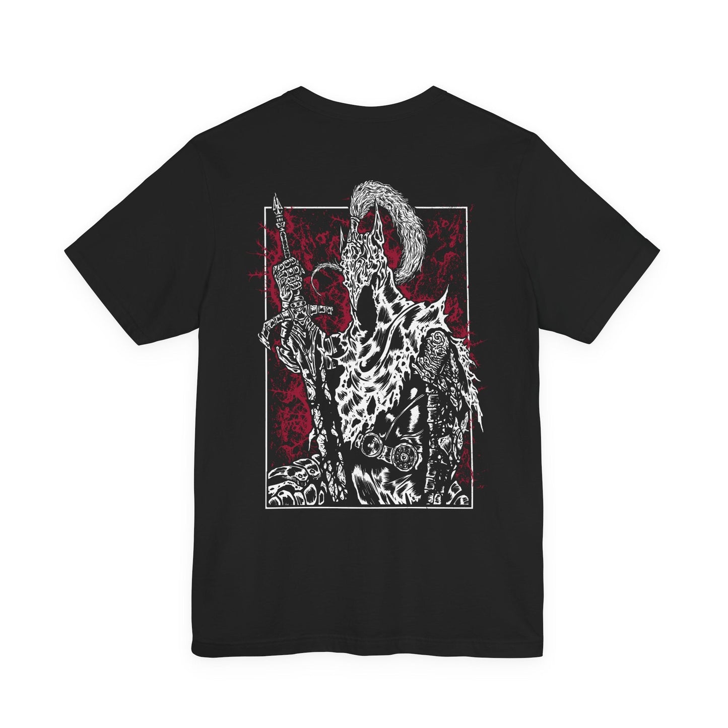 Image 5 of a T-shirt featuring Artorias the Abysswalker from Dark Souls, the fallen knight who once stood as one of Gwyn’s Four Knights. Corrupted by the Abyss he swore to fight, Artorias wields his greatsword with broken grace, his body twisted but his resolve unbroken. This design captures his tragic heroism and the haunting legacy of his sacrifice.
