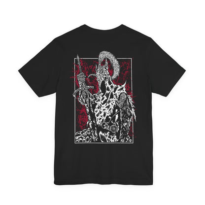 Image 5 of a T-shirt featuring Artorias the Abysswalker from Dark Souls, the fallen knight who once stood as one of Gwyn’s Four Knights. Corrupted by the Abyss he swore to fight, Artorias wields his greatsword with broken grace, his body twisted but his resolve unbroken. This design captures his tragic heroism and the haunting legacy of his sacrifice.