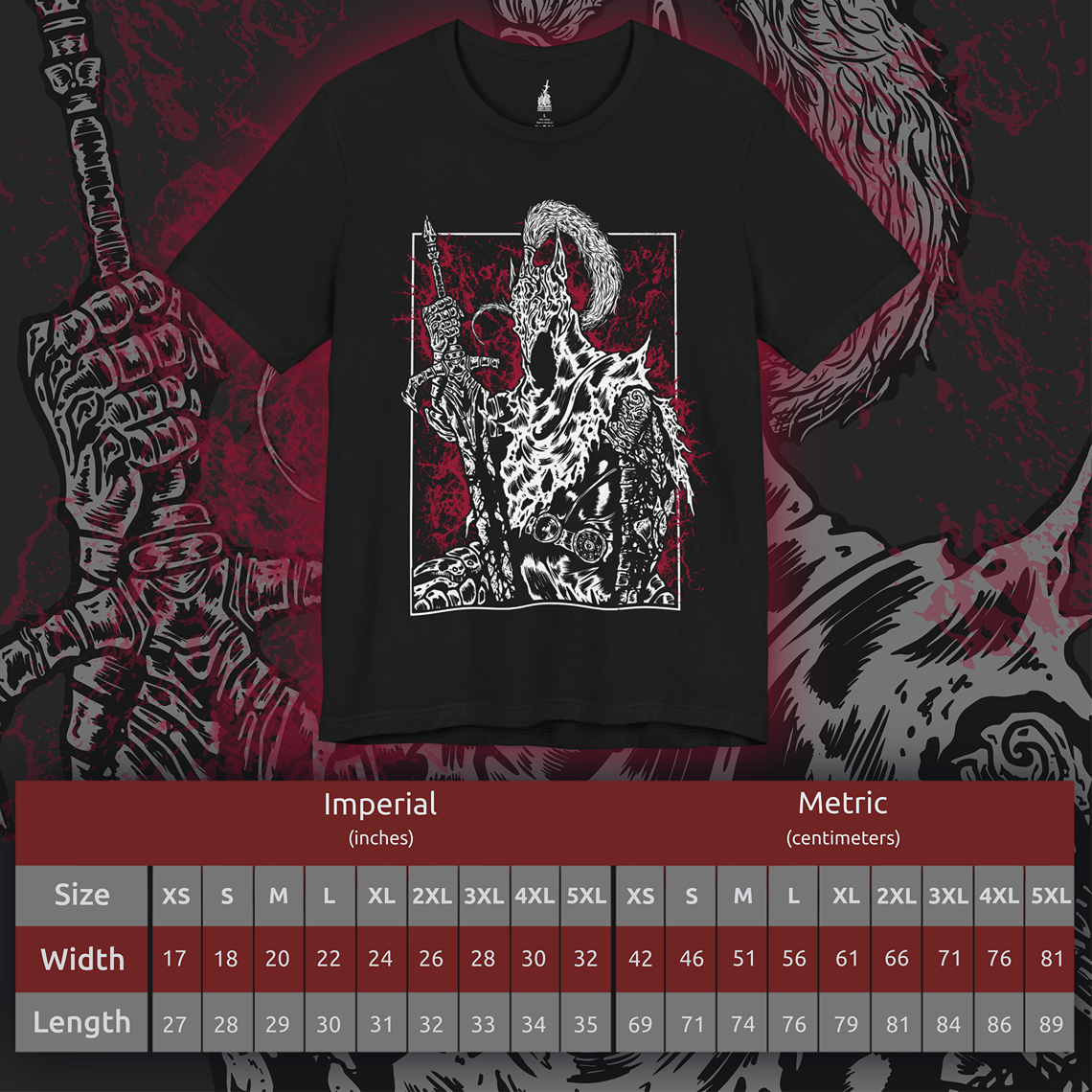 Size chart of a T-shirt featuring Artorias the Abysswalker from Dark Souls, the fallen knight who once stood as one of Gwyn’s Four Knights. Corrupted by the Abyss he swore to fight, Artorias wields his greatsword with broken grace, his body twisted but his resolve unbroken. This design captures his tragic heroism and the haunting legacy of his sacrifice.