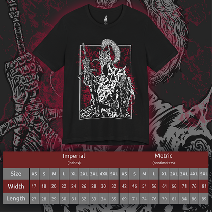 Size chart of a T-shirt featuring Artorias the Abysswalker from Dark Souls, the fallen knight who once stood as one of Gwyn’s Four Knights. Corrupted by the Abyss he swore to fight, Artorias wields his greatsword with broken grace, his body twisted but his resolve unbroken. This design captures his tragic heroism and the haunting legacy of his sacrifice.