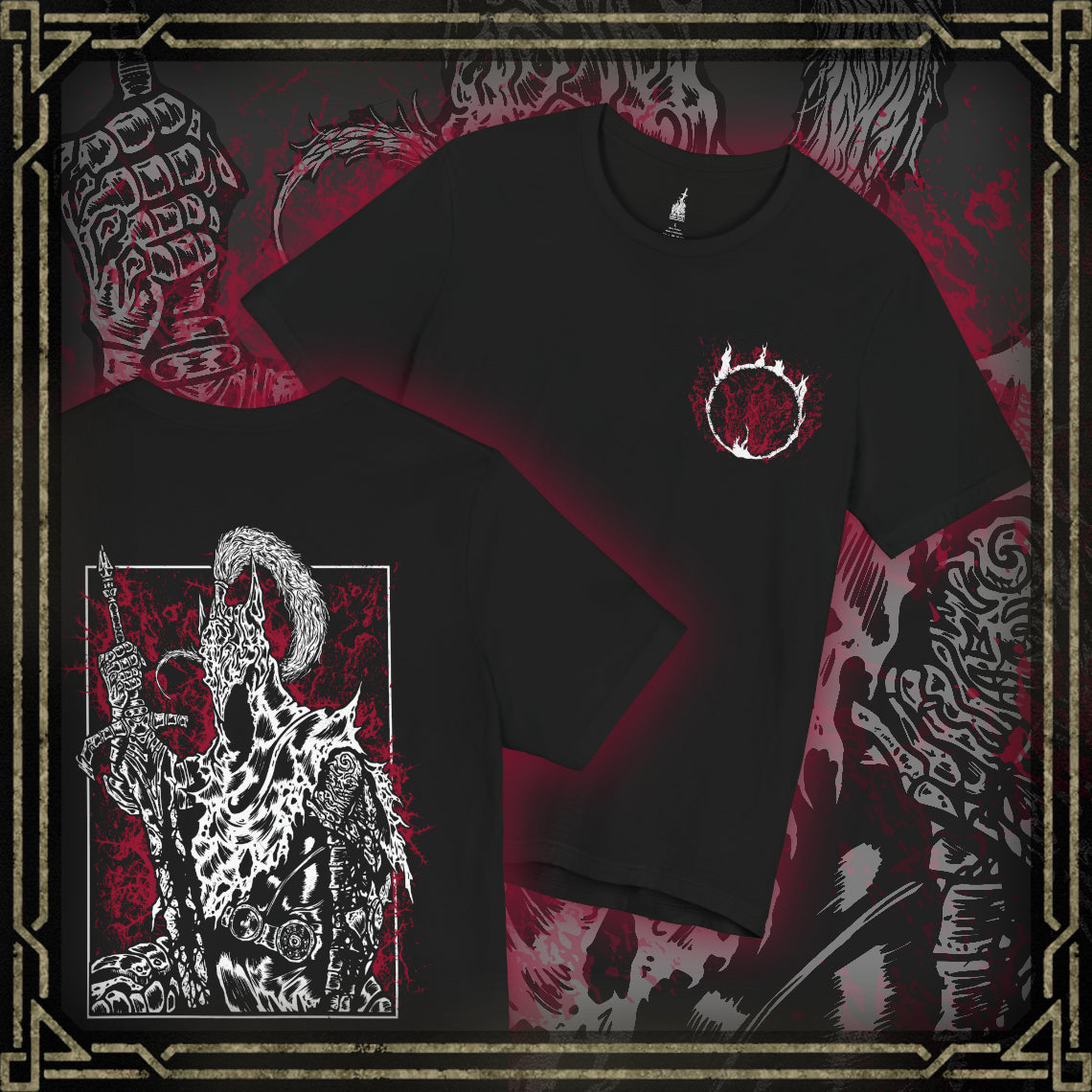 Thumbnail of a T-shirt featuring Artorias the Abysswalker from Dark Souls, the fallen knight who once stood as one of Gwyn’s Four Knights. Corrupted by the Abyss he swore to fight, Artorias wields his greatsword with broken grace, his body twisted but his resolve unbroken. This design captures his tragic heroism and the haunting legacy of his sacrifice.