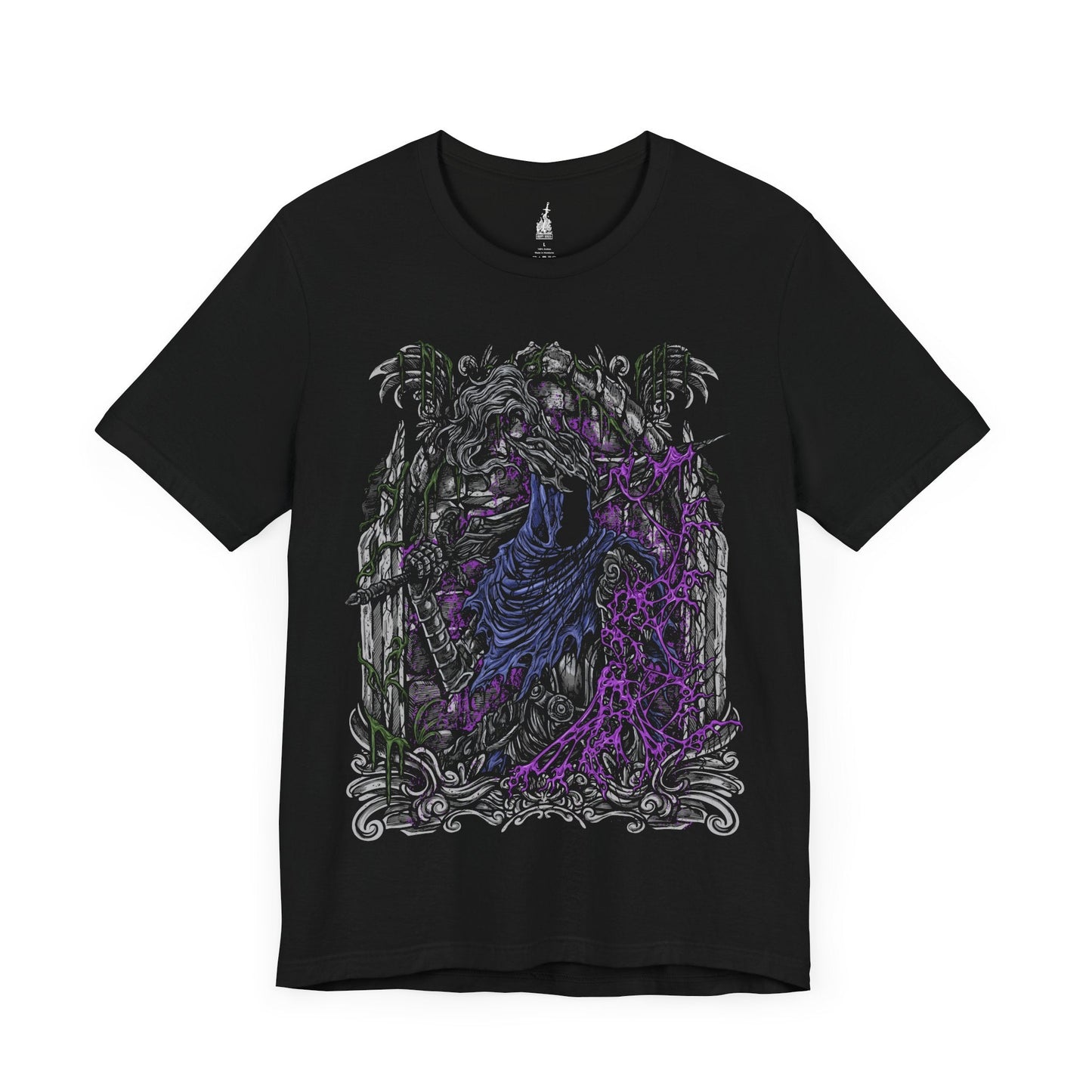 Image 3 of a Black T-shirt featuring Artorias the Abysswalker from Dark Souls, the fallen knight who dared to challenge the Abyss alone. Once a noble warrior and one of Gwyn’s Four Knights, Artorias became corrupted in his doomed quest to save Oolacile. This design captures his shattered arm, tattered cape, and relentless stance—honoring his tragic sacrifice and unbreakable will in the face of eternal darkness.