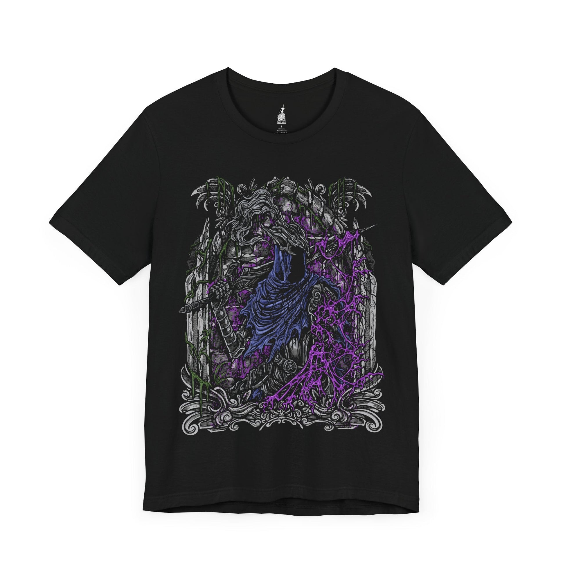 Image 3 of a Black T-shirt featuring Artorias the Abysswalker from Dark Souls, the fallen knight who dared to challenge the Abyss alone. Once a noble warrior and one of Gwyn’s Four Knights, Artorias became corrupted in his doomed quest to save Oolacile. This design captures his shattered arm, tattered cape, and relentless stance—honoring his tragic sacrifice and unbreakable will in the face of eternal darkness.