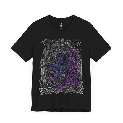 Image 3 of a Black T-shirt featuring Artorias the Abysswalker from Dark Souls, the fallen knight who dared to challenge the Abyss alone. Once a noble warrior and one of Gwyn’s Four Knights, Artorias became corrupted in his doomed quest to save Oolacile. This design captures his shattered arm, tattered cape, and relentless stance—honoring his tragic sacrifice and unbreakable will in the face of eternal darkness.