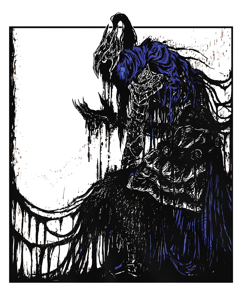 Design used for a T-shirt featuring Artorias the Abysswalker from Dark Souls, showcasing detailed artwork of the legendary character, perfect for fans who admire the dark and intense nature of this iconic character.