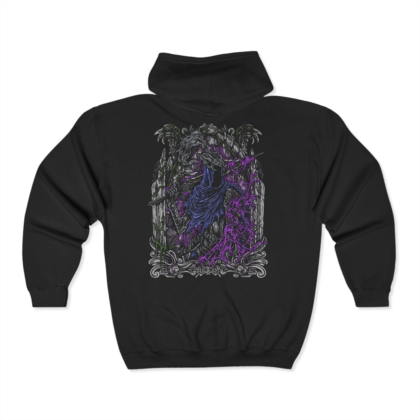 Folded Zip-up Hooded Sweatshirt featuring the corrupted form of Artorias the Abysswalker from Dark Souls, fully consumed by the darkness he sought to destroy. Twisted by the Abyss, his once-noble stance is now feral and unhinged, fighting with a broken arm and relentless fury. This design captures the tragic downfall of a hero who gave everything to shield Oolacile, even as the darkness devoured his soul.