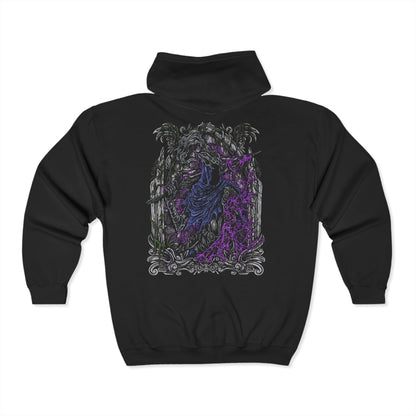 Folded Zip-up Hooded Sweatshirt featuring the corrupted form of Artorias the Abysswalker from Dark Souls, fully consumed by the darkness he sought to destroy. Twisted by the Abyss, his once-noble stance is now feral and unhinged, fighting with a broken arm and relentless fury. This design captures the tragic downfall of a hero who gave everything to shield Oolacile, even as the darkness devoured his soul.