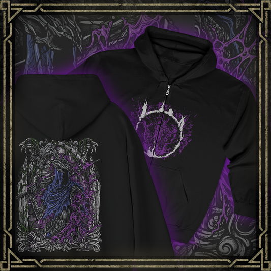 Thumbnail of a Zip-up Hooded Sweatshirt featuring the corrupted form of Artorias the Abysswalker from Dark Souls, fully consumed by the darkness he sought to destroy. Twisted by the Abyss, his once-noble stance is now feral and unhinged, fighting with a broken arm and relentless fury. This design captures the tragic downfall of a hero who gave everything to shield Oolacile, even as the darkness devoured his soul.