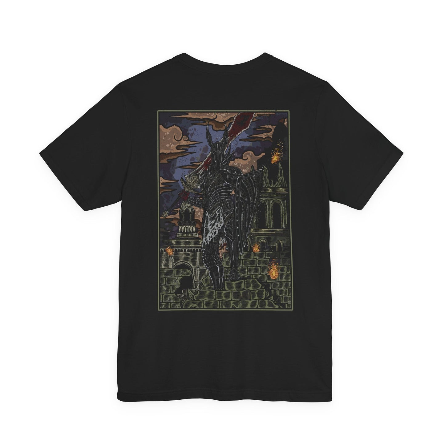 Image 5 of a Dark Souls T-shirt showcasing the Black Knight, a formidable remnant of Gwyn’s Silver Knights scorched in the fires of the First Flame. Their armor bears the mark of ash and regret, and their greatswords echo with the weight of countless fallen foes. This artwork embodies their tragic legacy and relentless vigilance in a dying world.