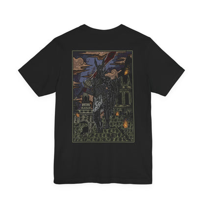 Image 5 of a Dark Souls T-shirt showcasing the Black Knight, a formidable remnant of Gwyn’s Silver Knights scorched in the fires of the First Flame. Their armor bears the mark of ash and regret, and their greatswords echo with the weight of countless fallen foes. This artwork embodies their tragic legacy and relentless vigilance in a dying world.