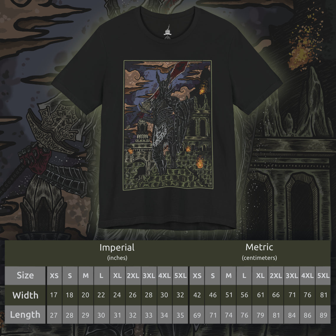 Size chart of a Dark Souls T-shirt showcasing the Black Knight, a formidable remnant of Gwyn’s Silver Knights scorched in the fires of the First Flame. Their armor bears the mark of ash and regret, and their greatswords echo with the weight of countless fallen foes. This artwork embodies their tragic legacy and relentless vigilance in a dying world.