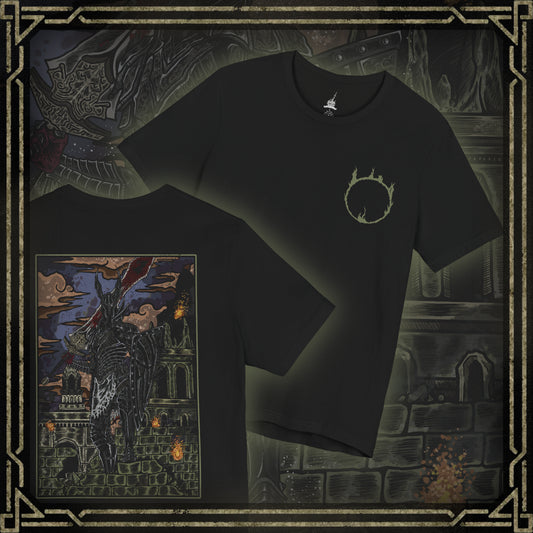 Thumbnail of a Dark Souls T-shirt showcasing the Black Knight, a formidable remnant of Gwyn’s Silver Knights scorched in the fires of the First Flame. Their armor bears the mark of ash and regret, and their greatswords echo with the weight of countless fallen foes. This artwork embodies their tragic legacy and relentless vigilance in a dying world.