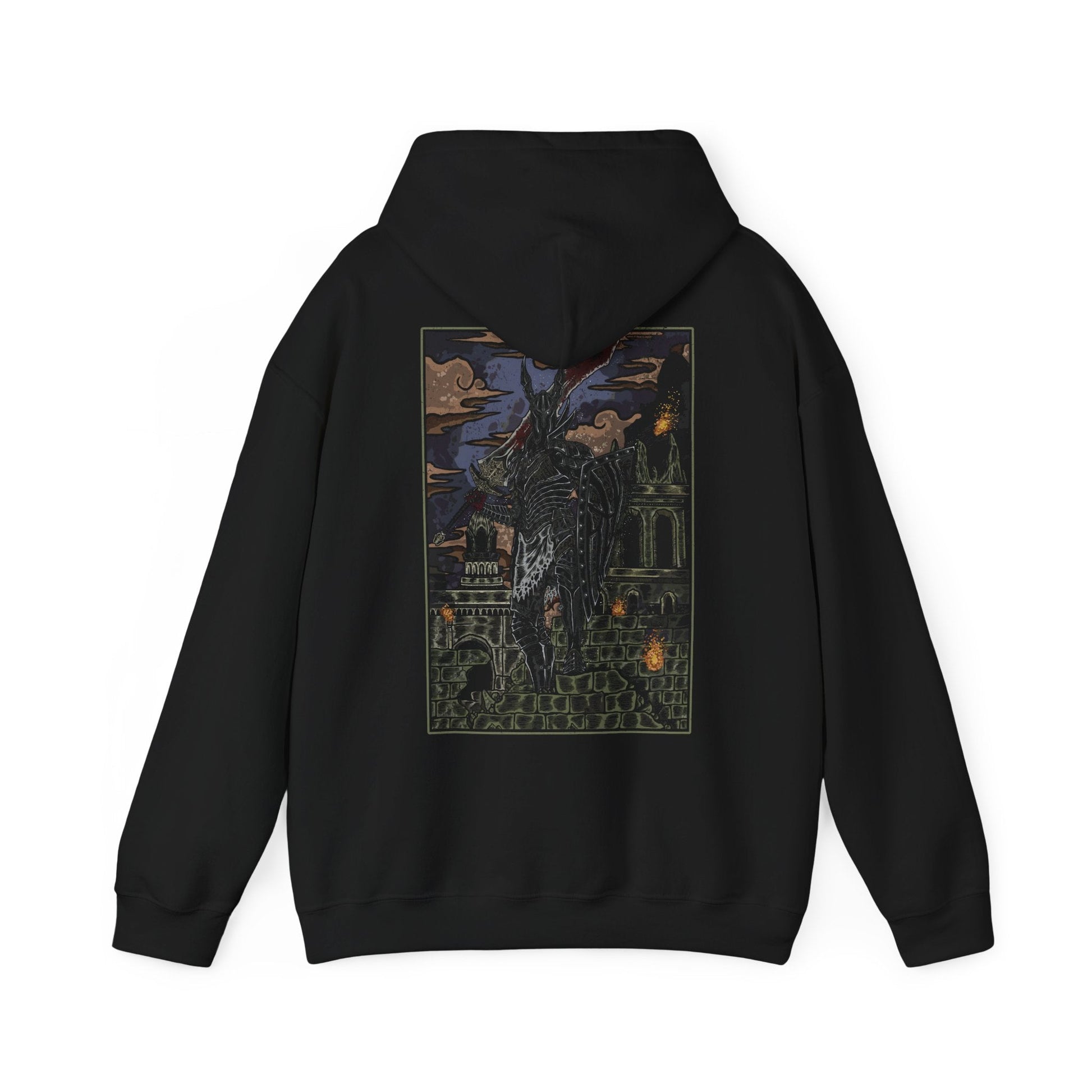 Image 5 of a Hooded Sweatshirt featuring the Black Knight from Dark Souls, the silent guardians who stand as relics of an age of fire long past. Their blackened armor and devastating weapons speak of ancient glory consumed by flame. This design honors their unending duty, capturing the melancholy and might of one of the series’ most iconic foes.