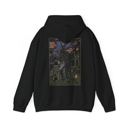 Image 5 of a Hooded Sweatshirt featuring the Black Knight from Dark Souls, the silent guardians who stand as relics of an age of fire long past. Their blackened armor and devastating weapons speak of ancient glory consumed by flame. This design honors their unending duty, capturing the melancholy and might of one of the series’ most iconic foes.