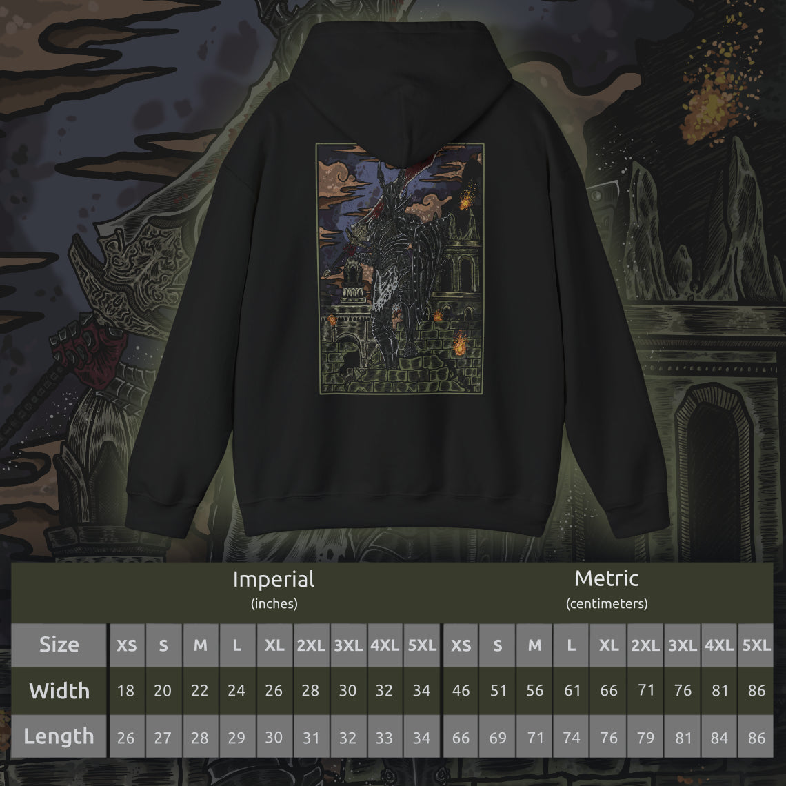 Size chart of a Hooded Sweatshirt featuring the Black Knight from Dark Souls, the silent guardians who stand as relics of an age of fire long past. Their blackened armor and devastating weapons speak of ancient glory consumed by flame. This design honors their unending duty, capturing the melancholy and might of one of the series’ most iconic foes.