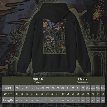 Size chart of a Hooded Sweatshirt featuring the Black Knight from Dark Souls, the silent guardians who stand as relics of an age of fire long past. Their blackened armor and devastating weapons speak of ancient glory consumed by flame. This design honors their unending duty, capturing the melancholy and might of one of the series’ most iconic foes.