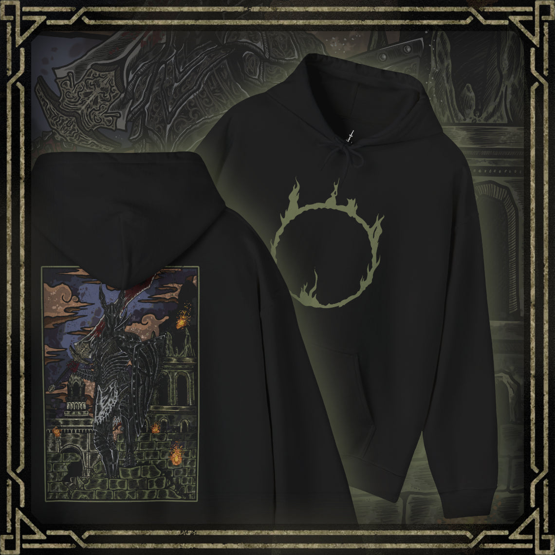 Thumbnail of a Hooded Sweatshirt featuring the Black Knight from Dark Souls, the silent guardians who stand as relics of an age of fire long past. Their blackened armor and devastating weapons speak of ancient glory consumed by flame. This design honors their unending duty, capturing the melancholy and might of one of the series’ most iconic foes.