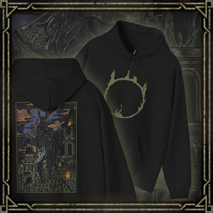 Thumbnail of a Hooded Sweatshirt featuring the Black Knight from Dark Souls, the silent guardians who stand as relics of an age of fire long past. Their blackened armor and devastating weapons speak of ancient glory consumed by flame. This design honors their unending duty, capturing the melancholy and might of one of the series’ most iconic foes.