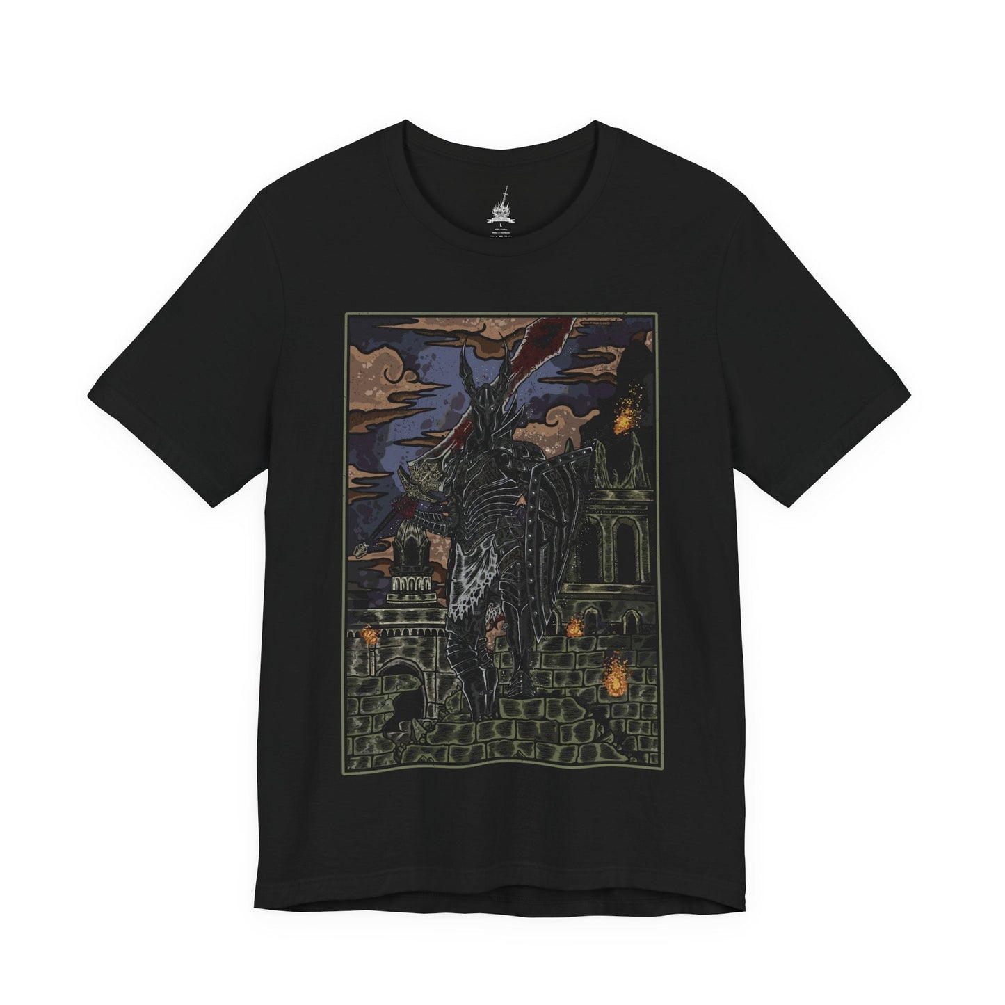 Image 4 of a T-shirt featuring the Black Knight from Dark Souls, the fallen warriors who once served Lord Gwyn in his war against the dragons. Burned and twisted by the First Flame, they now wander Lordran as ash-black sentinels of a bygone age. This design captures their charred armor, glowing eyes, and solemn strength—a haunting reminder of loyalty turned to eternal sorrow.