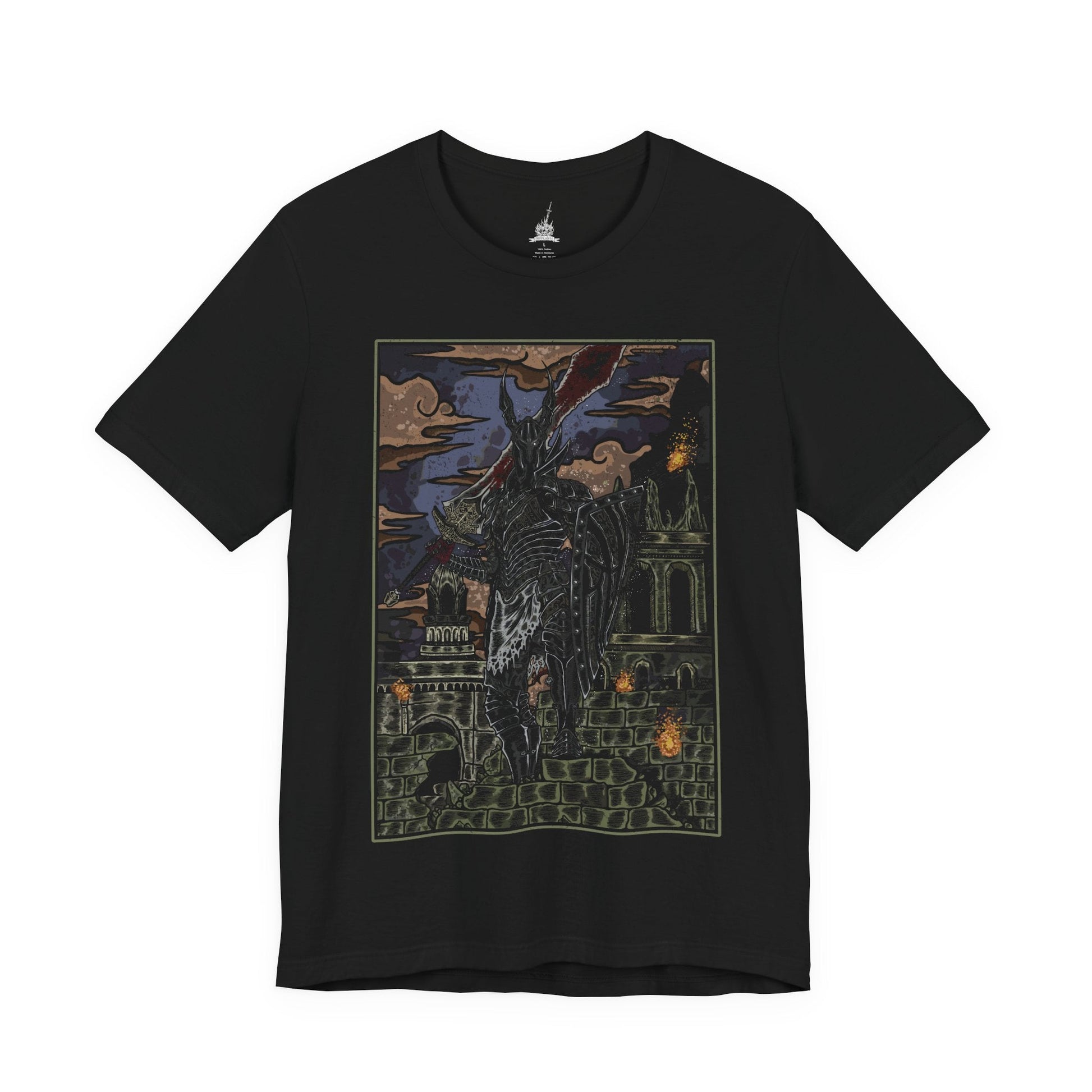 Image 4 of a T-shirt featuring the Black Knight from Dark Souls, the fallen warriors who once served Lord Gwyn in his war against the dragons. Burned and twisted by the First Flame, they now wander Lordran as ash-black sentinels of a bygone age. This design captures their charred armor, glowing eyes, and solemn strength—a haunting reminder of loyalty turned to eternal sorrow.