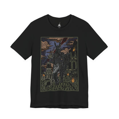 Image 4 of a T-shirt featuring the Black Knight from Dark Souls, the fallen warriors who once served Lord Gwyn in his war against the dragons. Burned and twisted by the First Flame, they now wander Lordran as ash-black sentinels of a bygone age. This design captures their charred armor, glowing eyes, and solemn strength—a haunting reminder of loyalty turned to eternal sorrow.