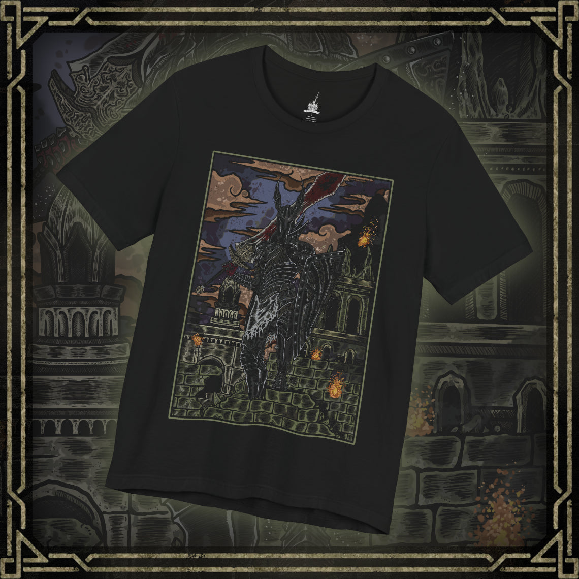 Thumbnail of a T-shirt featuring the Black Knight from Dark Souls, the fallen warriors who once served Lord Gwyn in his war against the dragons. Burned and twisted by the First Flame, they now wander Lordran as ash-black sentinels of a bygone age. This design captures their charred armor, glowing eyes, and solemn strength—a haunting reminder of loyalty turned to eternal sorrow.
