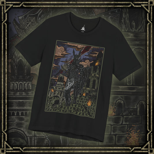 Thumbnail of a T-shirt featuring the Black Knight from Dark Souls, the fallen warriors who once served Lord Gwyn in his war against the dragons. Burned and twisted by the First Flame, they now wander Lordran as ash-black sentinels of a bygone age. This design captures their charred armor, glowing eyes, and solemn strength—a haunting reminder of loyalty turned to eternal sorrow.