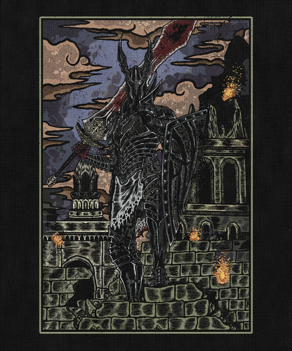 Wallpaper of Dark Souls Black Knight. Once radiant warriors of Lord Gwyn, the Black Knights fought valiantly in the Demon Wars. Their armor was charred black when their lord linked the First Flame, cursing them to roam endlessly. Now they haunt the ruins of Lordran, their silent blades a grim reminder of the sacrifices made to keep the fire alive.