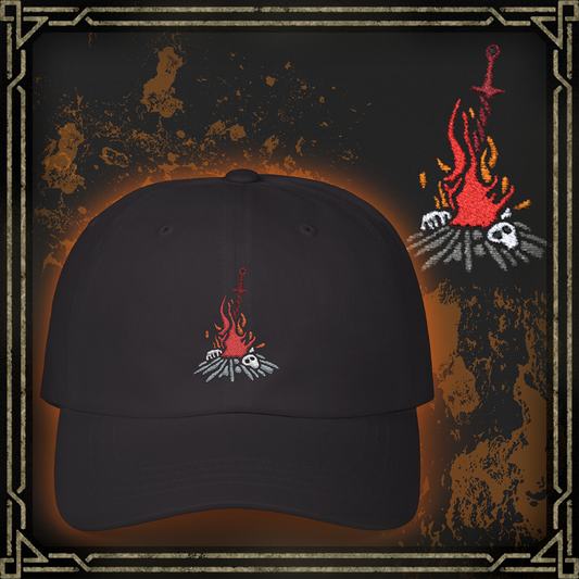 Thumbnail of a Embroidered Dark Souls Cap featuring the Bonfire, the spiritual heart of every journey through Lordran, Drangleic, and Lothric. More than a checkpoint, it is a symbol of the fading Age of Fire and the Undead’s endless pilgrimage. This design evokes the comfort, tragedy, and eternal cycle that defines the Dark Souls legacy.