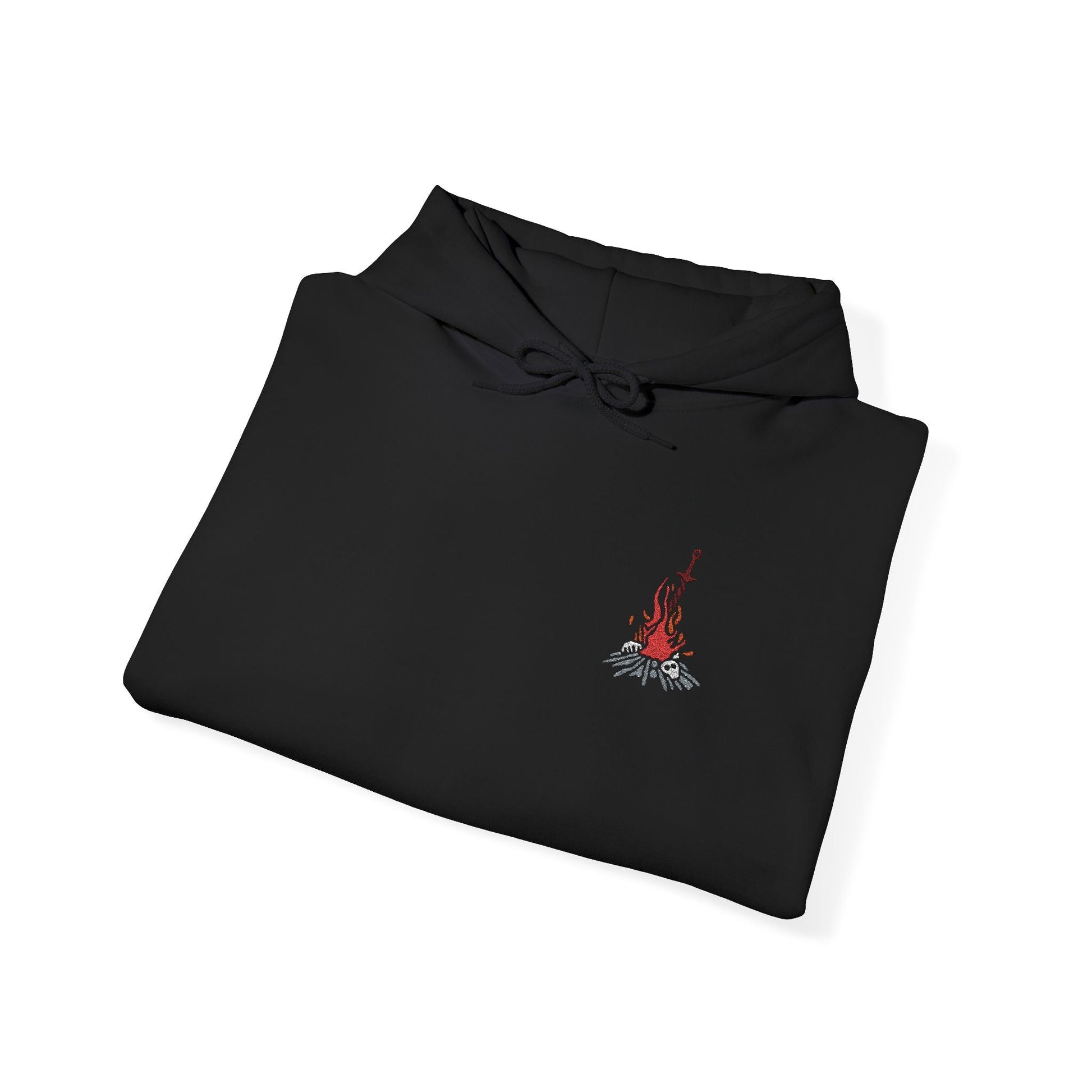Image 5 of a Embroidered hooded sweatshirt showcasing the iconic Dark Souls Bonfire design, representing rest, resilience, and the flame's eternal cycle, perfect for fans who hold the bonfire as a symbol of hope in the dark world of Lordran.