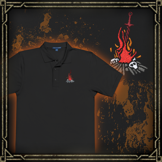 Thumbnail of a Embroidered T-shirt featuring the iconic Bonfire from Dark Souls, the flickering beacon of safety and rebirth amidst a world of despair. Resting upon a sword impaled in ash, the Bonfire symbolizes fragile hope and sanctuary for the Undead. This design captures the warm glow and solemn beauty of the flame—an eternal reminder of struggle, perseverance, and the cycle of fire and dark.