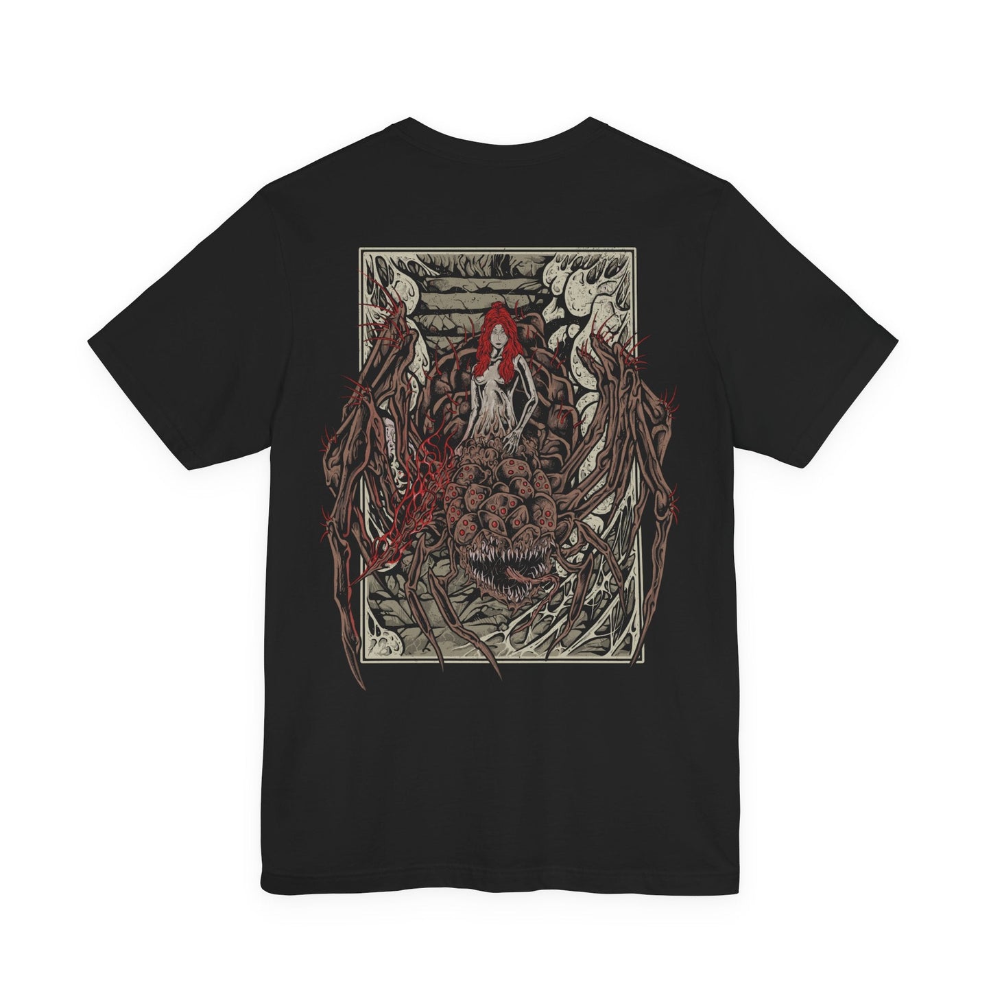 Image 4 of a Dark Souls T-shirt showcasing Quelaag, the Chaos Witch cursed to a spider’s body after embracing the power of the Chaos Flame. Residing in the depths of Blighttown, she serves as both fearsome foe and tragic protector of her kin. This artwork reflects her fiery attacks, grotesque form, and tragic role in the Witch of Izalith’s legacy.