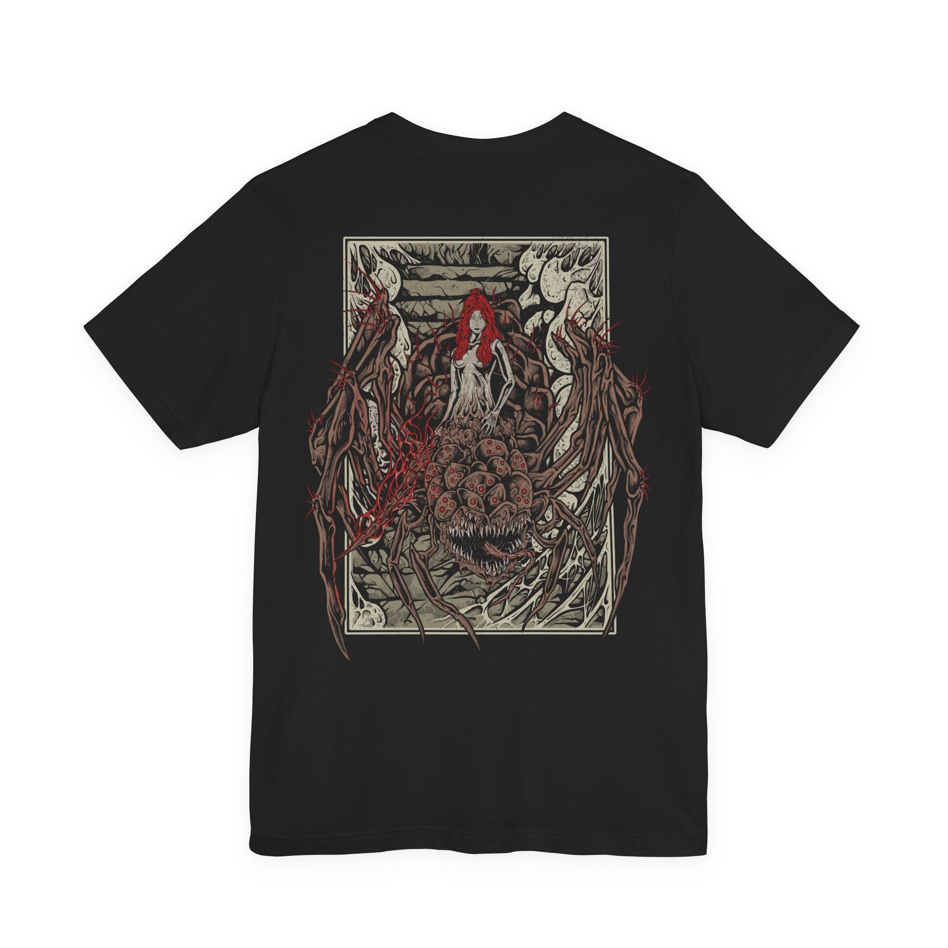 Image 4 of a Dark Souls T-shirt showcasing Quelaag, the Chaos Witch cursed to a spider’s body after embracing the power of the Chaos Flame. Residing in the depths of Blighttown, she serves as both fearsome foe and tragic protector of her kin. This artwork reflects her fiery attacks, grotesque form, and tragic role in the Witch of Izalith’s legacy.