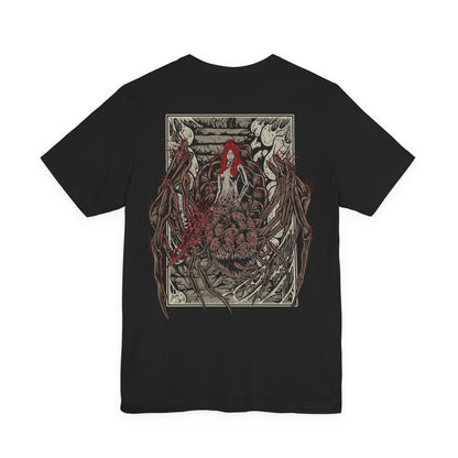 Image 4 of a Dark Souls T-shirt showcasing Quelaag, the Chaos Witch cursed to a spider’s body after embracing the power of the Chaos Flame. Residing in the depths of Blighttown, she serves as both fearsome foe and tragic protector of her kin. This artwork reflects her fiery attacks, grotesque form, and tragic role in the Witch of Izalith’s legacy.