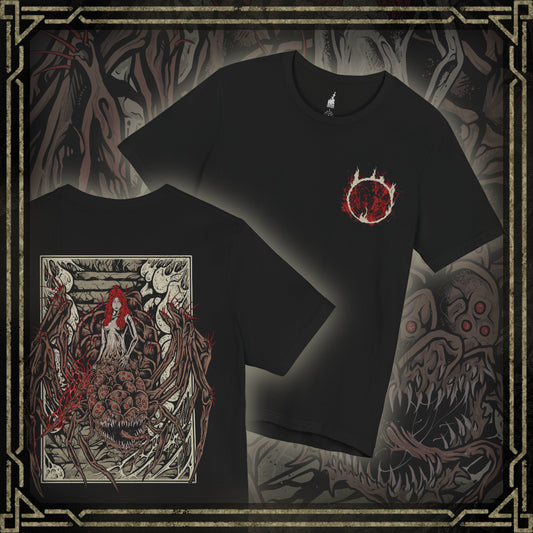 Thumbnail of a Dark Souls T-shirt showcasing Quelaag, the Chaos Witch cursed to a spider’s body after embracing the power of the Chaos Flame. Residing in the depths of Blighttown, she serves as both fearsome foe and tragic protector of her kin. This artwork reflects her fiery attacks, grotesque form, and tragic role in the Witch of Izalith’s legacy.