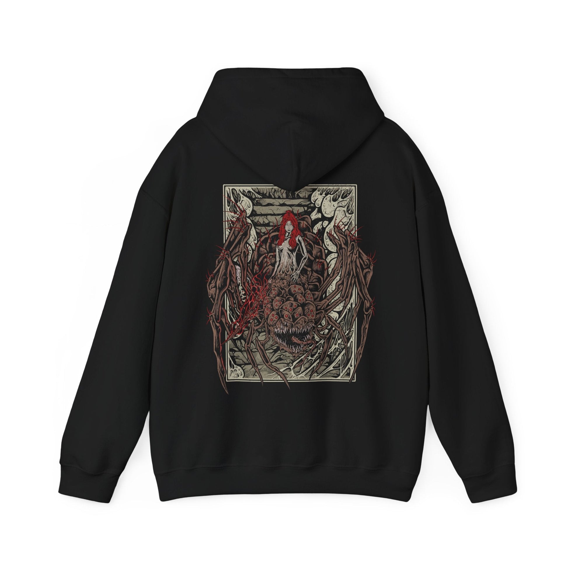 Image 4 of a Hooded Sweatshirt featuring Chaos Witch Quelaag from Dark Souls, a terrifying boss who blends sorcery, fire, and monstrous form. Once a daughter of Izalith, Quelaag became a guardian to her ailing sister, sacrificing her humanity to endure. This design embodies her duality as both fearsome opponent and tragic figure in the corrupted age of Chaos.