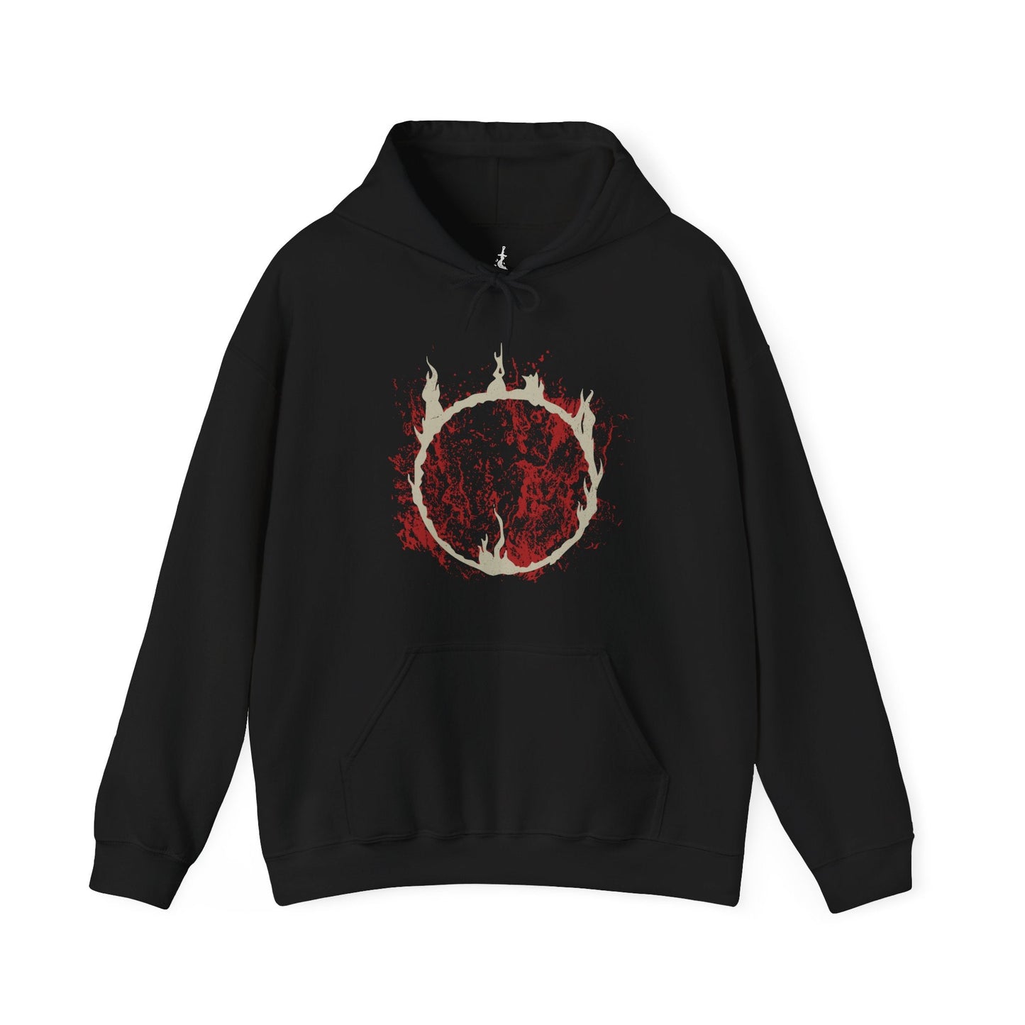 Image 3 of a Black Hooded Sweatshirt featuring Chaos Witch Quelaag from Dark Souls, a terrifying boss who blends sorcery, fire, and monstrous form. Once a daughter of Izalith, Quelaag became a guardian to her ailing sister, sacrificing her humanity to endure. This design embodies her duality as both fearsome opponent and tragic figure in the corrupted age of Chaos.