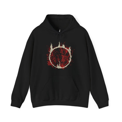 Image 3 of a Black Hooded Sweatshirt featuring Chaos Witch Quelaag from Dark Souls, a terrifying boss who blends sorcery, fire, and monstrous form. Once a daughter of Izalith, Quelaag became a guardian to her ailing sister, sacrificing her humanity to endure. This design embodies her duality as both fearsome opponent and tragic figure in the corrupted age of Chaos.