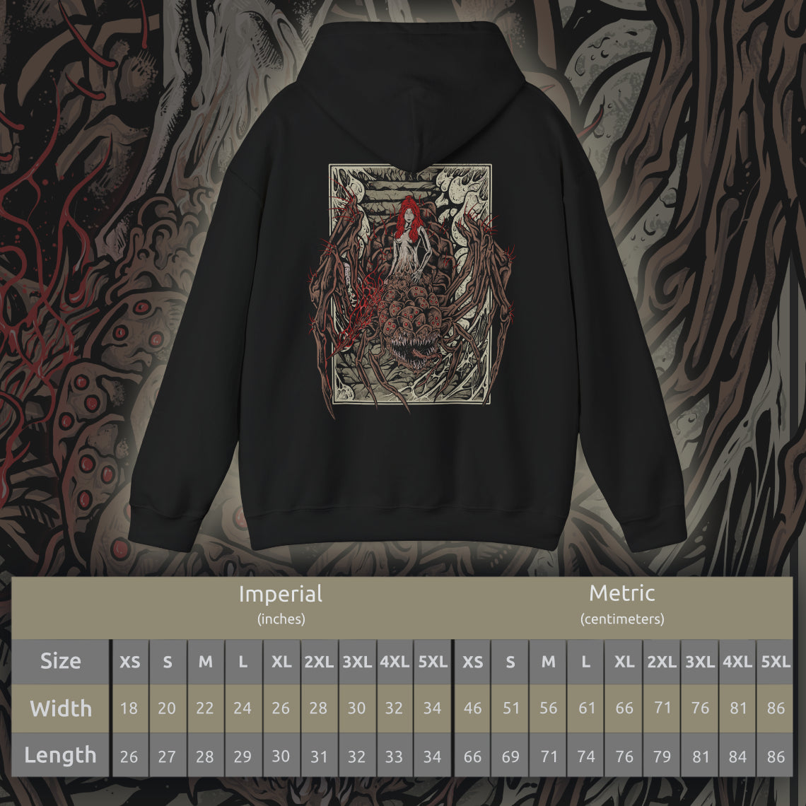 Size chart of a Hooded Sweatshirt featuring Chaos Witch Quelaag from Dark Souls, a terrifying boss who blends sorcery, fire, and monstrous form. Once a daughter of Izalith, Quelaag became a guardian to her ailing sister, sacrificing her humanity to endure. This design embodies her duality as both fearsome opponent and tragic figure in the corrupted age of Chaos.