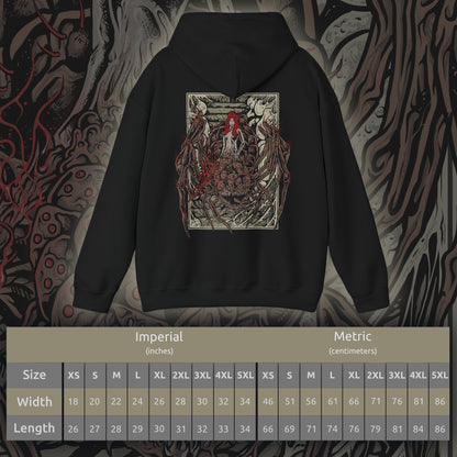 Size chart of a Hooded Sweatshirt featuring Chaos Witch Quelaag from Dark Souls, a terrifying boss who blends sorcery, fire, and monstrous form. Once a daughter of Izalith, Quelaag became a guardian to her ailing sister, sacrificing her humanity to endure. This design embodies her duality as both fearsome opponent and tragic figure in the corrupted age of Chaos.