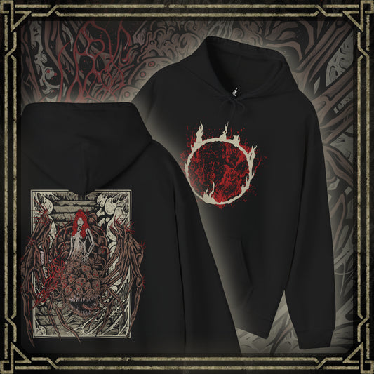 Thumbnail of a Hooded Sweatshirt featuring Chaos Witch Quelaag from Dark Souls, a terrifying boss who blends sorcery, fire, and monstrous form. Once a daughter of Izalith, Quelaag became a guardian to her ailing sister, sacrificing her humanity to endure. This design embodies her duality as both fearsome opponent and tragic figure in the corrupted age of Chaos.