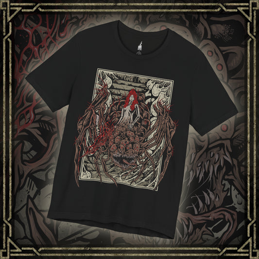 Thumbnail of a T-shirt featuring Chaos Witch Quelaag from Dark Souls, the fearsome half-woman, half-spider guardian of Blighttown. Twisted by the Chaos Flame, she protects her sister while luring unwary Undead into her lair of fire and poison. This design captures her haunting fusion of beauty and monstrosity, a symbol of sacrifice and corruption.
