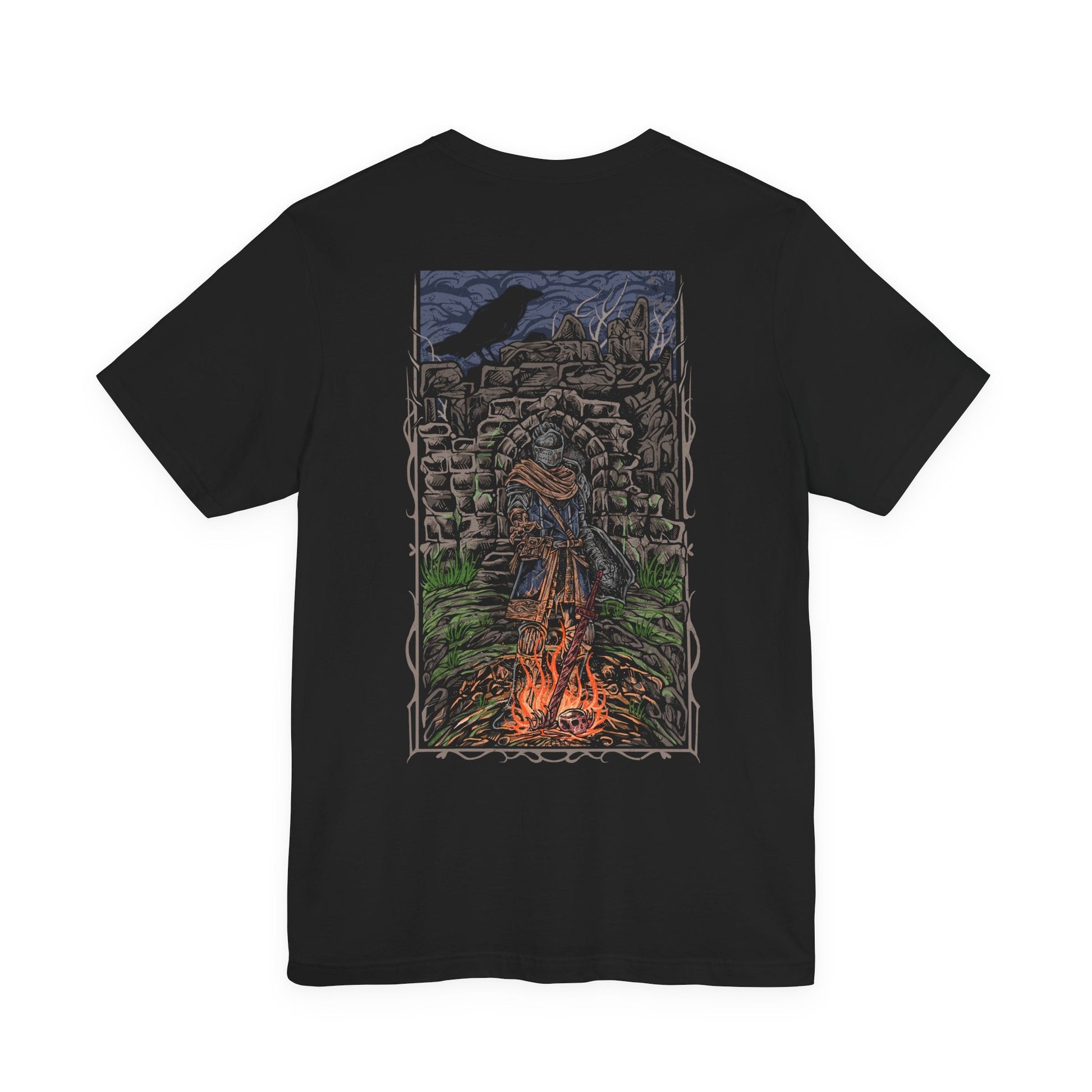 Image 5 of a T-shirt showcasing the Chosen Undead within Firelink Shrine, the central resting place of Dark Souls. Amid the ruined stonework and eternal bonfire, the hero prepares for battles against gods, dragons, and abyssal horrors. This artwork reflects the atmosphere of despair and resolve that defines the Undead’s fated quest.